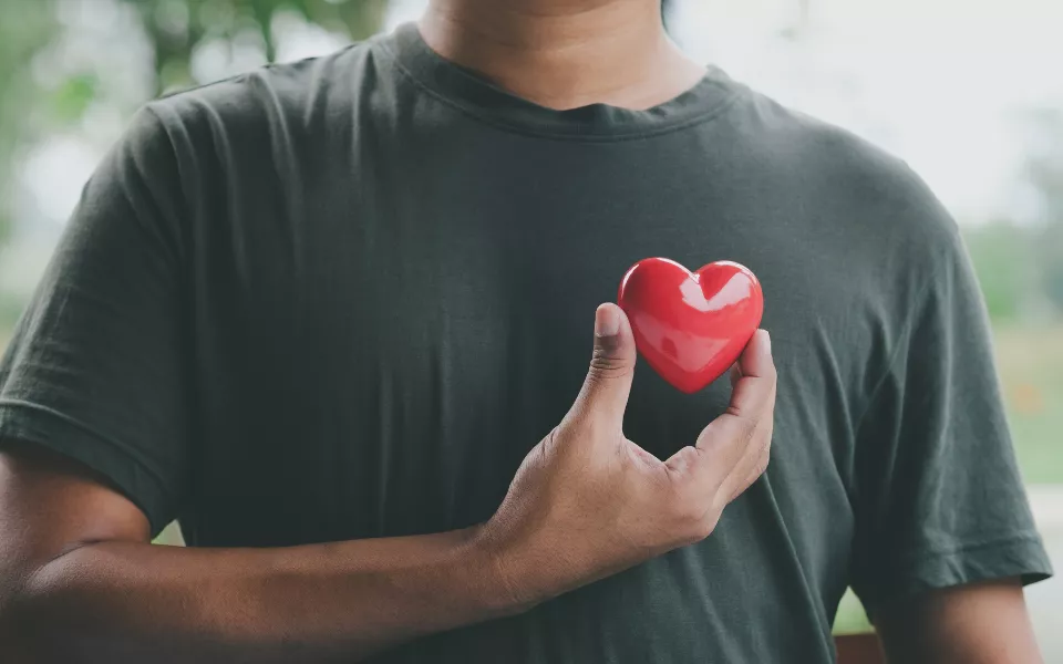 Image of a mans hands holding onto a heart shaped object. The mans face is obscured from the image so the focus is on the heart.
